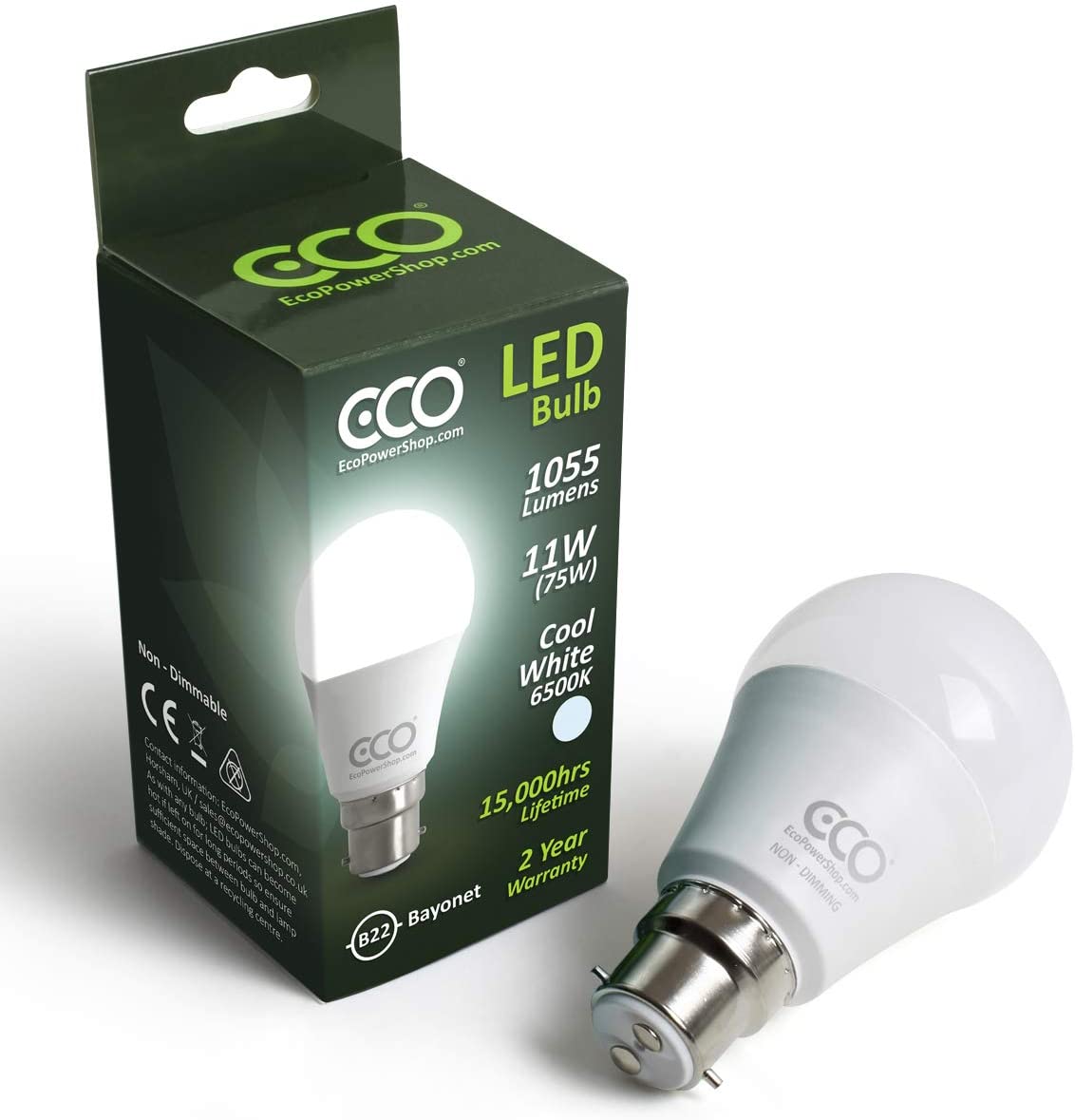 ECO 75W Equivalent B22 Bayonet Energy Saving LED Light Bulb, Low Energy 9.5W LED, 1055 Lumens, Cool White 6500K, Non-Dimmable