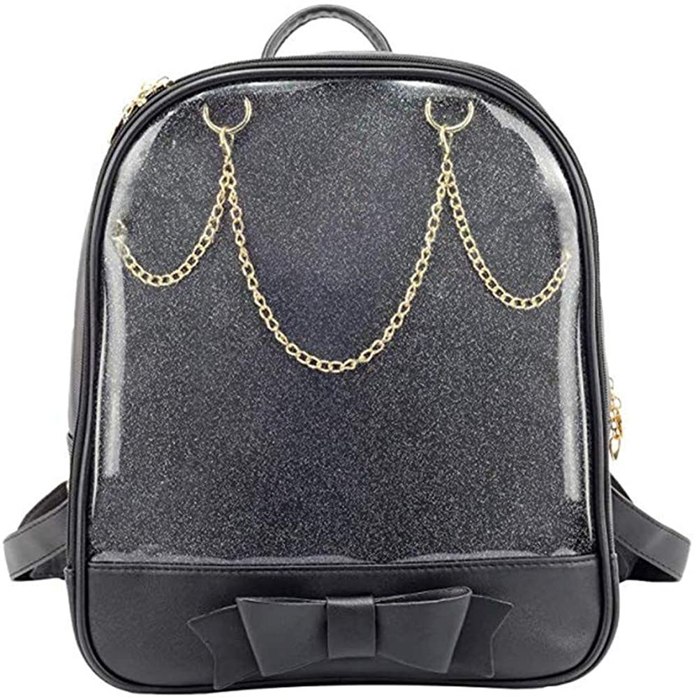 KEEPOP Ita Bag Backpack Girls Cute Candy Leather Bag Purse School Bag Summer Beach Bag Purse with Bowknot Transparent Windows for DIY Decors (Black-Black-Bow)