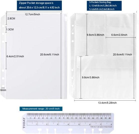 FANDAMEI A5 Ruled Refills Paper with 6 Ring Binder Cover Accessories Set - PP Notepaper Protector + 90 Sheets Refillable Lined Paper + Index Divider + 2 Pcs Binder Envelope Pockets + Ruler + Labels - Image 3