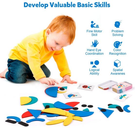 Coogam Wooden Pattern Blocks - Tangram Shape Puzzle Set Color Sorting Stacking Game Wood Animal Jigsaw Preschool Montessori Brain Teaser STEM Gift for 3 4 5 Years Old Toddler Kid ( 60 Pattern Cards ) - Image 4