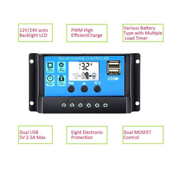 Solar Charge Controller 20A 12V/24V PWM Auto Paremeter Adjustable LCD Display with Dual USB Load Timer Setting ON/Off Hours Solar Regulator - Image 2
