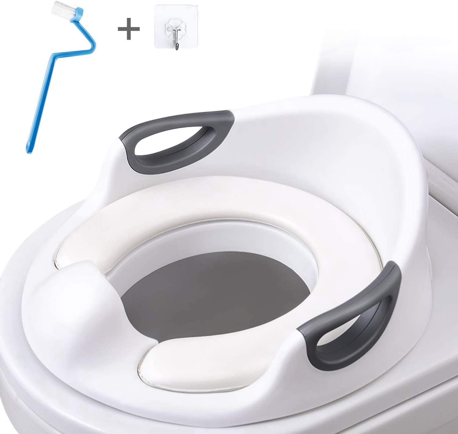 AiKiddo Toilet Seat Potty Toilet Seat for Toddler Potty Training Seats with Soft Cushion Handles for Round Oval Toilets Double Anti-Slip Design and Splash Guard for Boys and Girls(White)