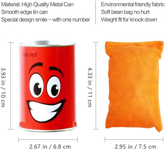Ulifeme Tin Can Alley Game, Outdoor Garden Target Shooting Fairground Games for Kids & Children, Garden Party Toys Gift for Boys & Girls - 10pcs Fun Smile Knock Down Tin Cans and 3pcs Beanbags Packed - Image 4