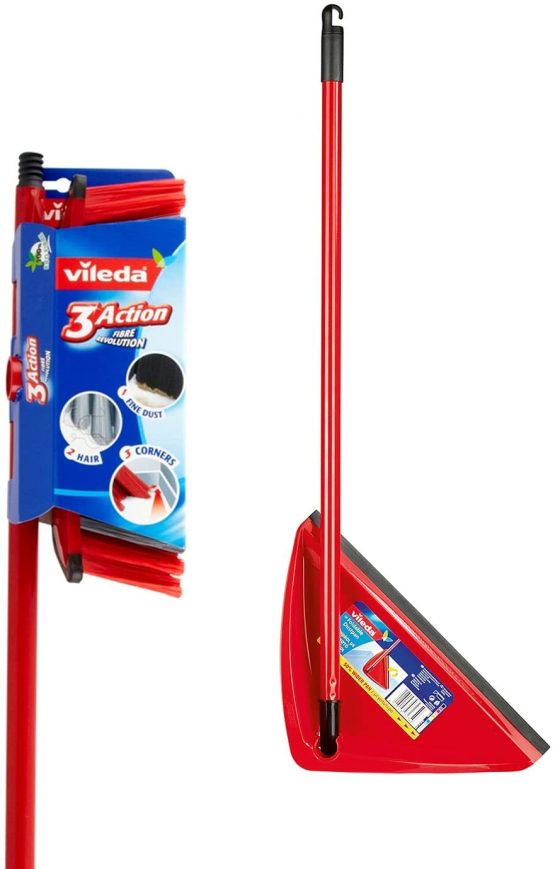 Vileda 3Action Broom Plus Long Handled Dustpan, Red
