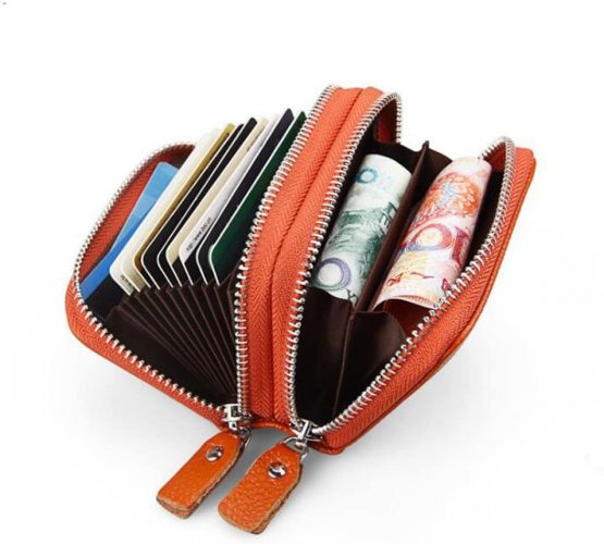 AprinCtempsD RFID Blocking Genuine Leather Wallet Women Credit Card Holder Lady Coin Purse Double Zipper Wallet (Red) - Image 2