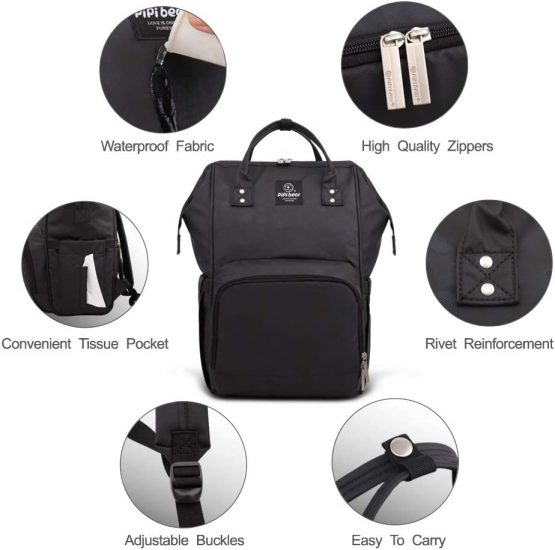 Pipi Bear Changing Backpack Bag Waterproof Baby Changing Bag Cool Nappy Backpack Organizer Large Capacity Diaper Tote Bag (Black) - Image 4