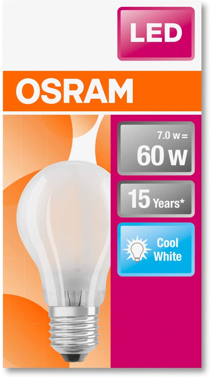 OSRAM LED lamp, Base: E27, Cool White, 4000 K, 7 W, Replacement for 60 W Incandescent Bulb, Frosted - Image 2