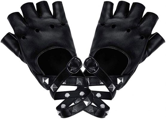 LYTIVAGEN Punk Gloves in PU Fingerless Leather Gloves with Rivets Half Finger PU Leather for Halloween Costumes, Hip Hop, Performances, Parties (Black)