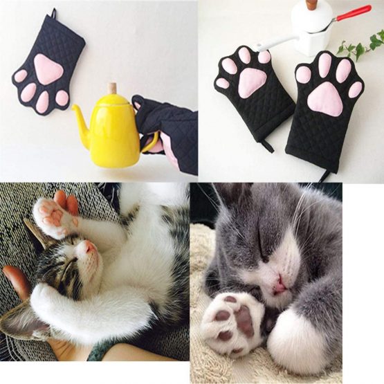 Oven Mitts,Cute Design Funny Cat Heat Resistant Cooking Glove Quilted Cotton Lining- Heat Resistant Pot Holder Gloves for Grilling & Baking Gloves BBQ Oven Gloves Kitchen Tools Gift Set (Black) - Image 3