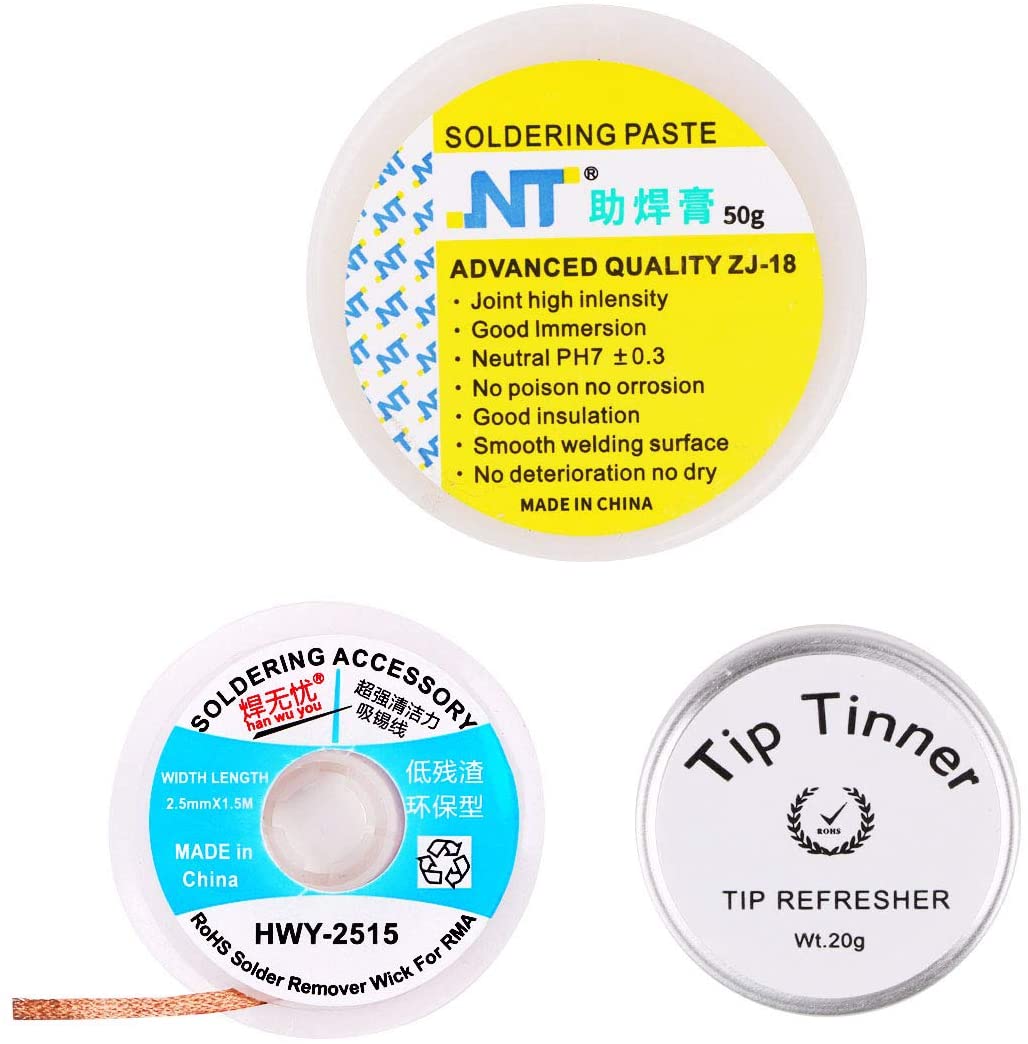 Desoldering Wick, Flux Paste, Tip Tinner, 3 Piece Soldering Tool Kit