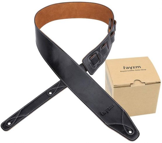 Rayzm Guitar Strap/Bass Strap with Suede Backing, Quality Genuine Leather Belt for Acoustic/Electric/Bass Guitar, 6.5 cm Wide, Adjustable Length from 108 cm to 140 cm
