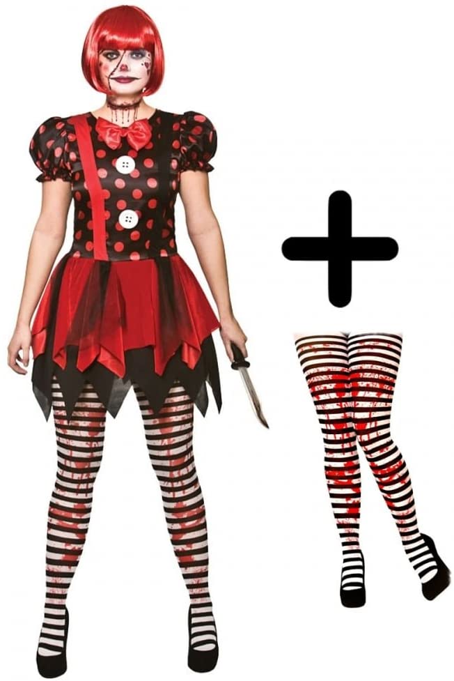 Horror Clown + Tights Ladies Fancy Dress Halloween Circus Adults Womens Costume (Small UK 10 - 12), Red, Small UK 10-12