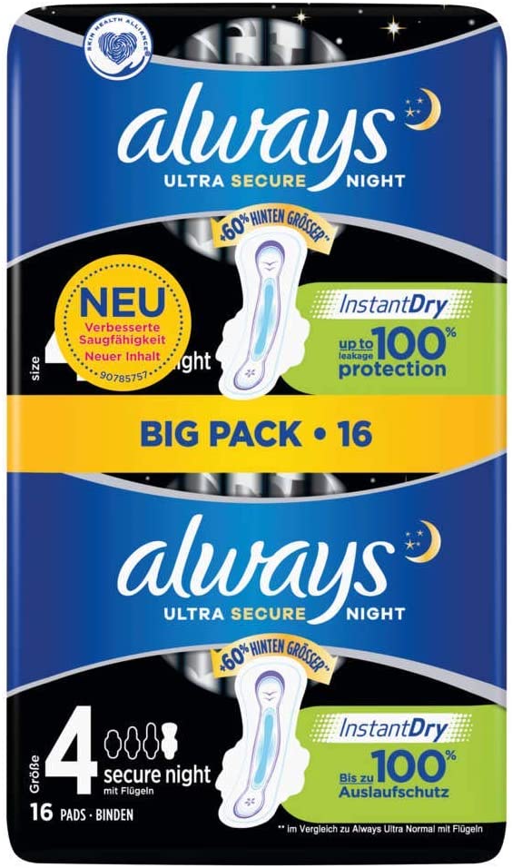 Always Ultra Night Sanitary Pads, White, Size 4 (Pack of 16)