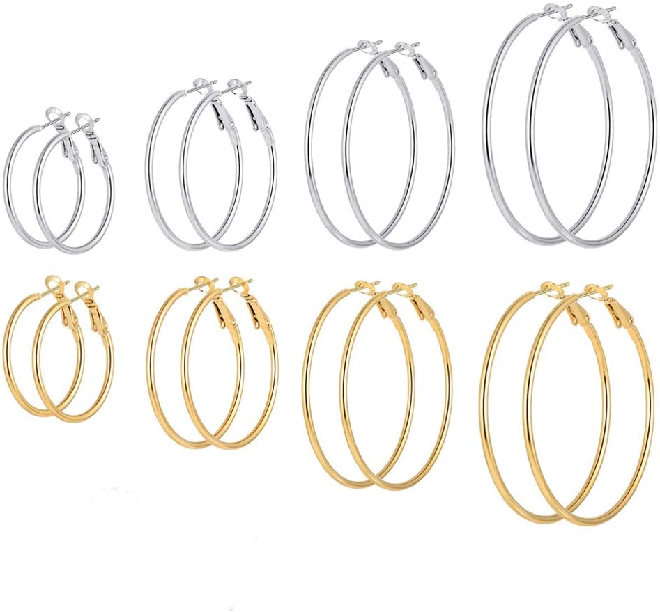 SwirlColor Hooped Earrings for Women Girls 8 works Large Looped Earings Silver Gold Elegant Personalized Gift 30mm, 40mm
