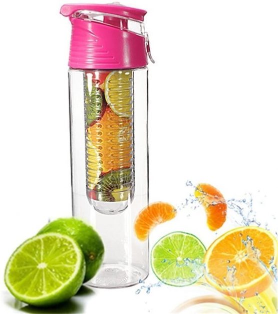 COCOSO Pink Fruit Infusing Water Bottle with Fruit Infuser and Flip Lid Lemon Juice Make Bottle- BPA Free (800 ml)