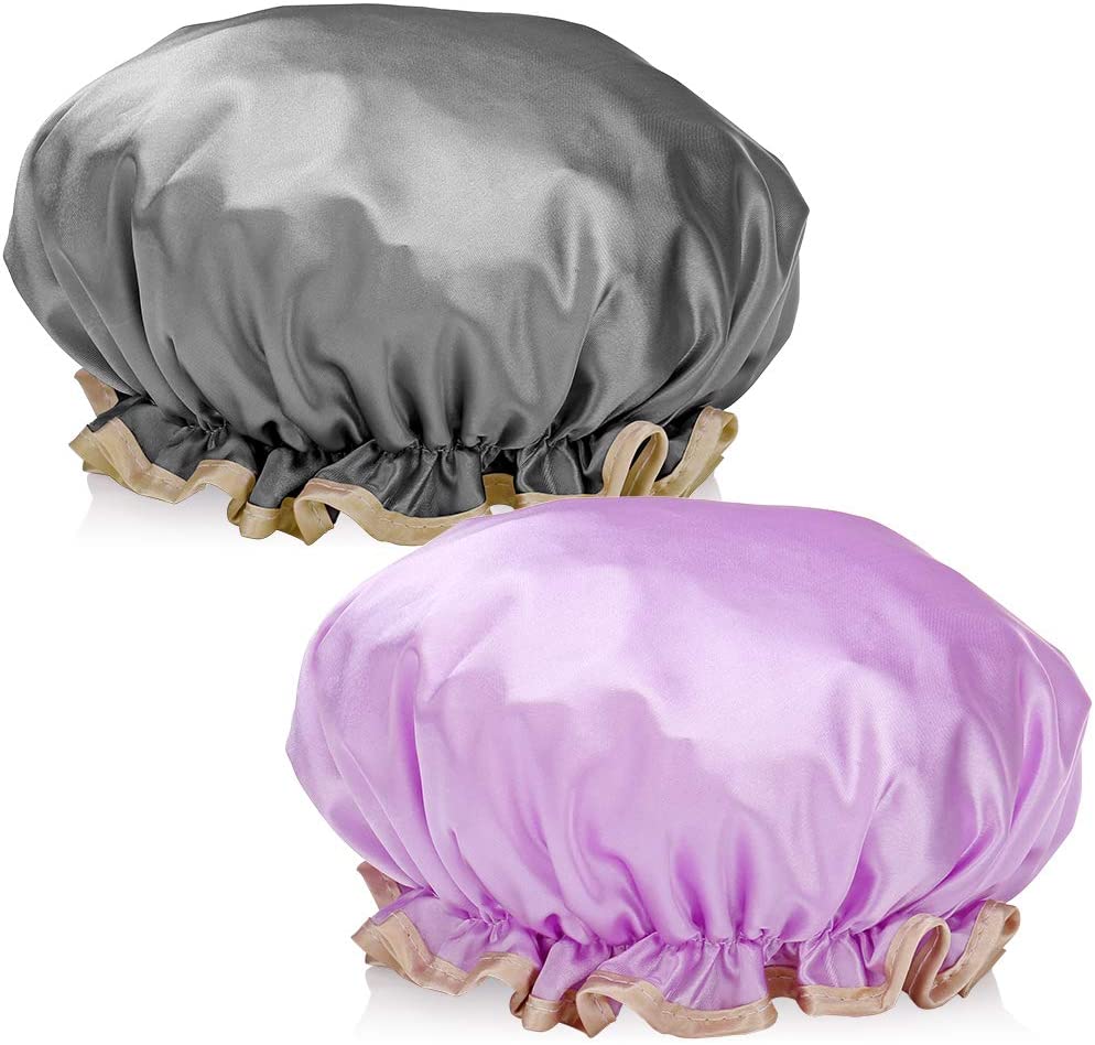 H&S 2-Pack Waterproof Shower Caps for Women Girls & Men, Reusable Bath Hats for Long Hair, Purple & Black for Adults