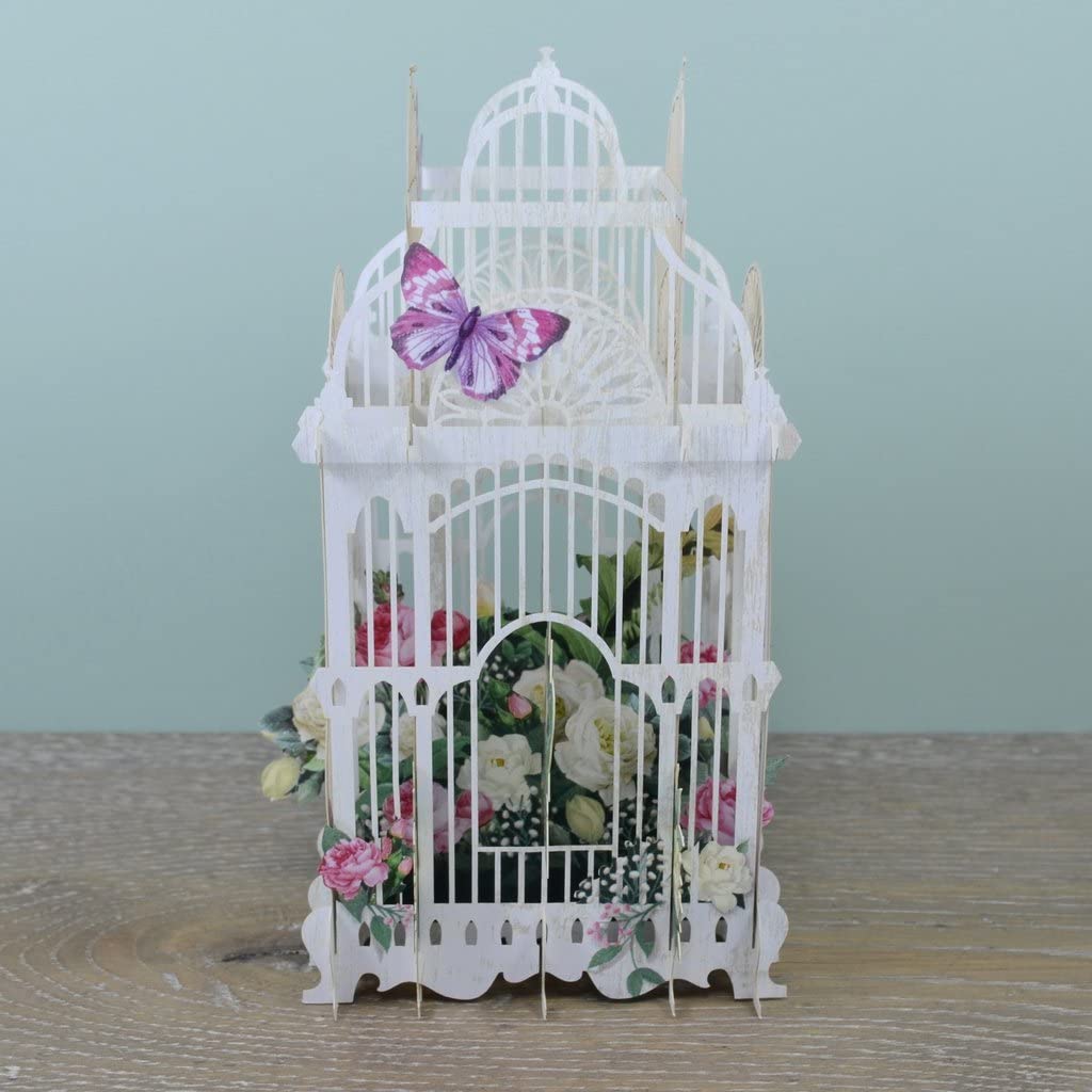 The Flower Cage - 3D Pop-Up Birthday Card Paper D'Art (Main), White with colored floral elements, 3.5x6 inches