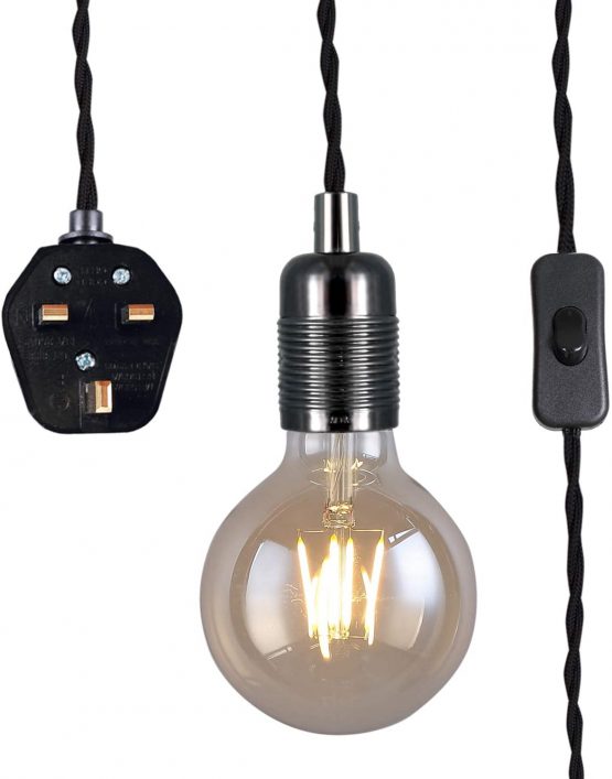 Black Pendant Light Fitting with Plug-in, Vintage Style Hanging Light KIT E27 Lamp Holder,4500MM Braided Twisted Cable with On/of Switch-KIT04BPG