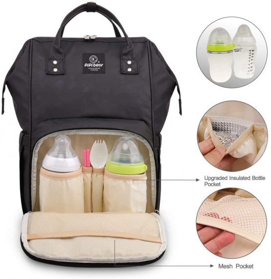 Pipi Bear Changing Backpack Bag Waterproof Baby Changing Bag Cool Nappy Backpack Organizer Large Capacity Diaper Tote Bag (Black) - Image 2