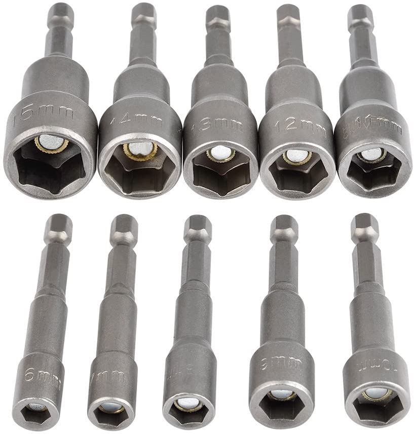 TIMESETL 6-15mm Magnetic Nut Setter Driver Drill Bit Set 1/4 inch Hex Shank Quick Change Metric Nut Driver Set - 10pcs