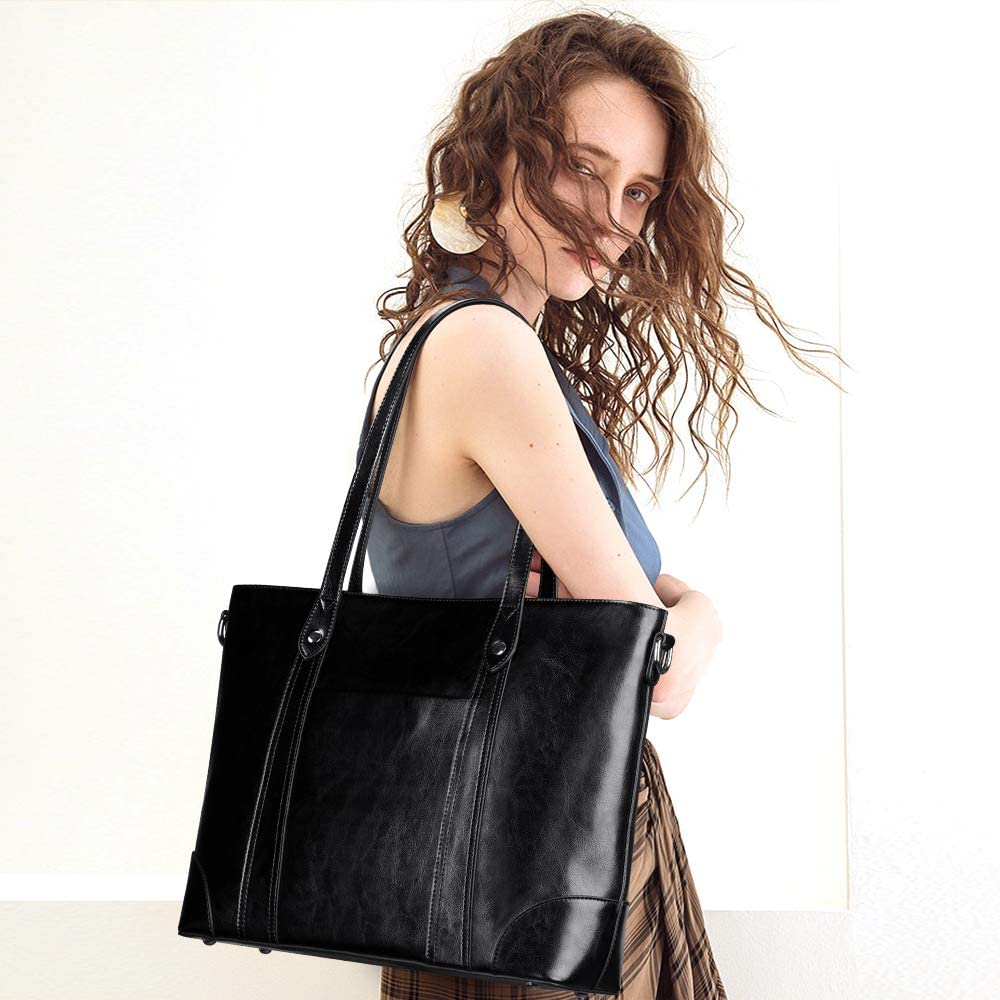 S-ZONE 15.6" Leather Laptop Bag for Women Shoulder Bag Large Work Tote with Padded Compartment, Black - Image 2