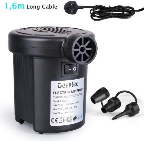 Deeplee Electric Pump, 130W High Power Electric Air Pump for Air Bed Mattress Inflatables Paddling Pool Beach Toys, AC 220-240V Quick-Fill Inflator Deflator with 3 Sizes Nozzle
