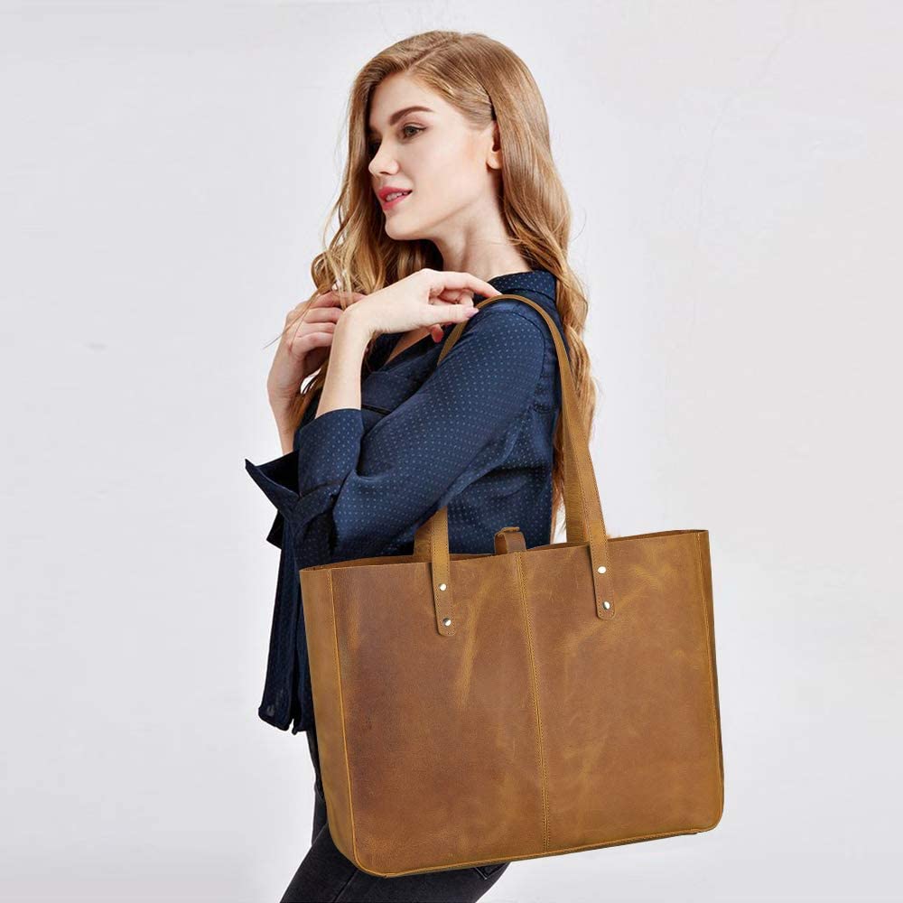 S-ZONE Genuine Leather Shoulder Tote Bag for Women Large Handbag Work Purse, 1-light Brown With Snap Closure - Image 2