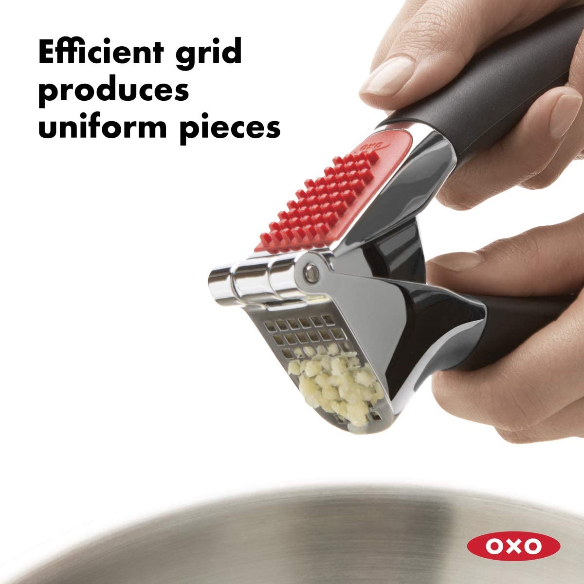 OXO Good Grips Garlic Press with Built-In Cleaner, Large Capacity Chamber, Heavy-Duty Zinc Construction, Dishwasher Safe - Image 2
