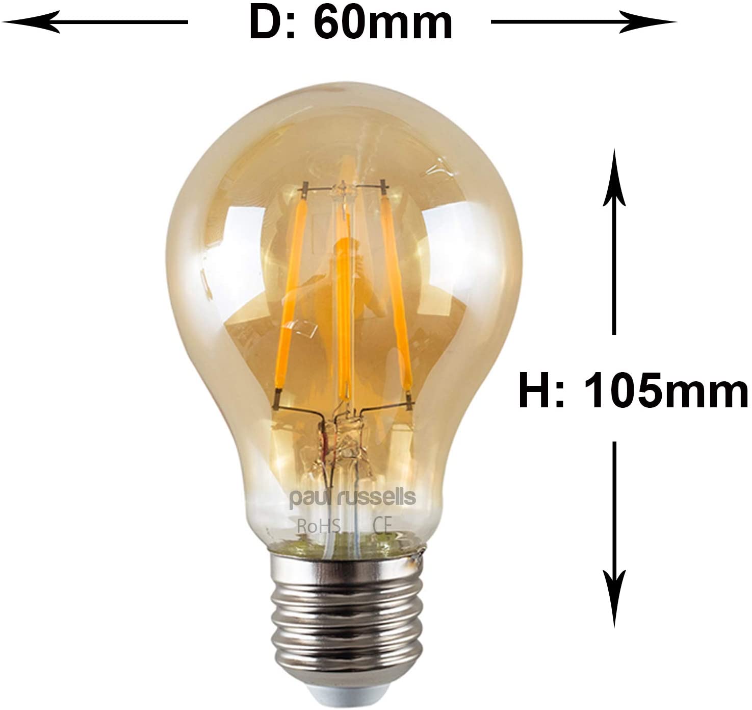 paul russells E27 Edison Screw LED Filament, 4.5Watt 35W Equivalent 400LM Lumens 2200K ES Standard GLS A60 - Image 3