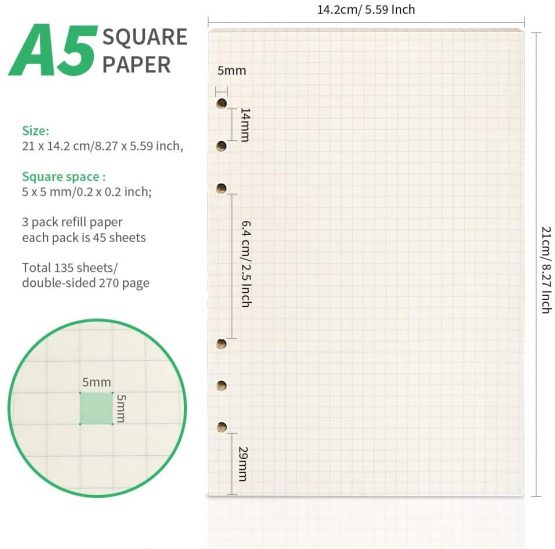 Teenitor A5 3 Packs 5 mm Squared Ruled Paper, 21 x 14.2 cm Refillable Grids Paper 135 Sheets/ 270 Pages 6 Hole Insert Planner Exercise Paper for Math Work Drawings Personal Use at Home in School - Image 2