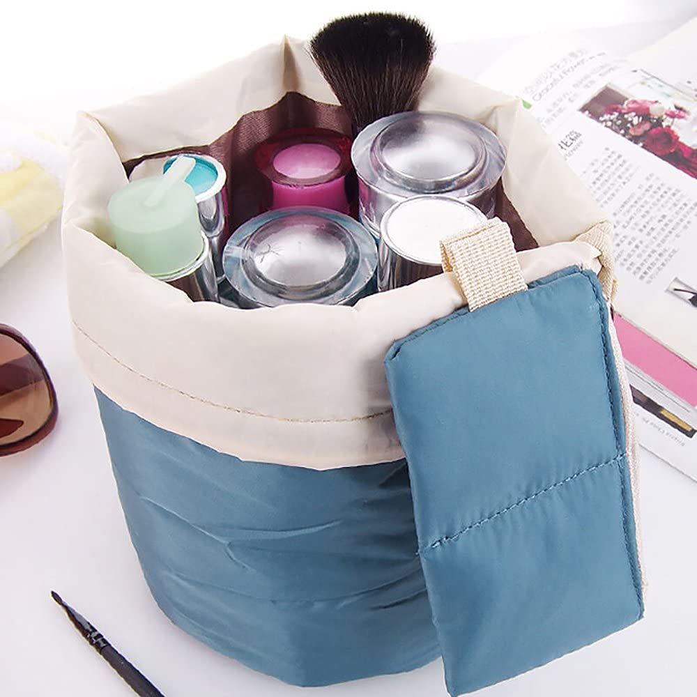 Large Barrel Shaped Travel Cosmetic Bags Nylon Organizer Drawstring Toiletry Bags for Women Ladies Barrel Cosmetic Bag Multifunction Makeup Bag Toiletry Organizer Bag - Image 3