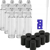 10Pcs, 10ml Essential Oil Roller Bottles - JamHooDirect Transparent Glass Roll on Bottles with Stainless Steel Roller Balls Perfect for Fragrance, Aromatherapy (Included 1 Bottle Opener & 1 Dropper)