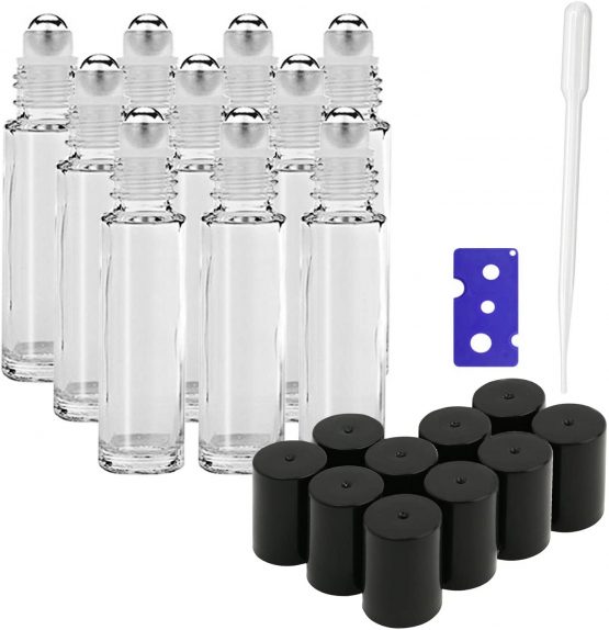 10Pcs, 10ml Essential Oil Roller Bottles - JamHooDirect Transparent Glass Roll on Bottles with Stainless Steel Roller Balls Perfect for Fragrance, Aromatherapy (Included 1 Bottle Opener & 1 Dropper)