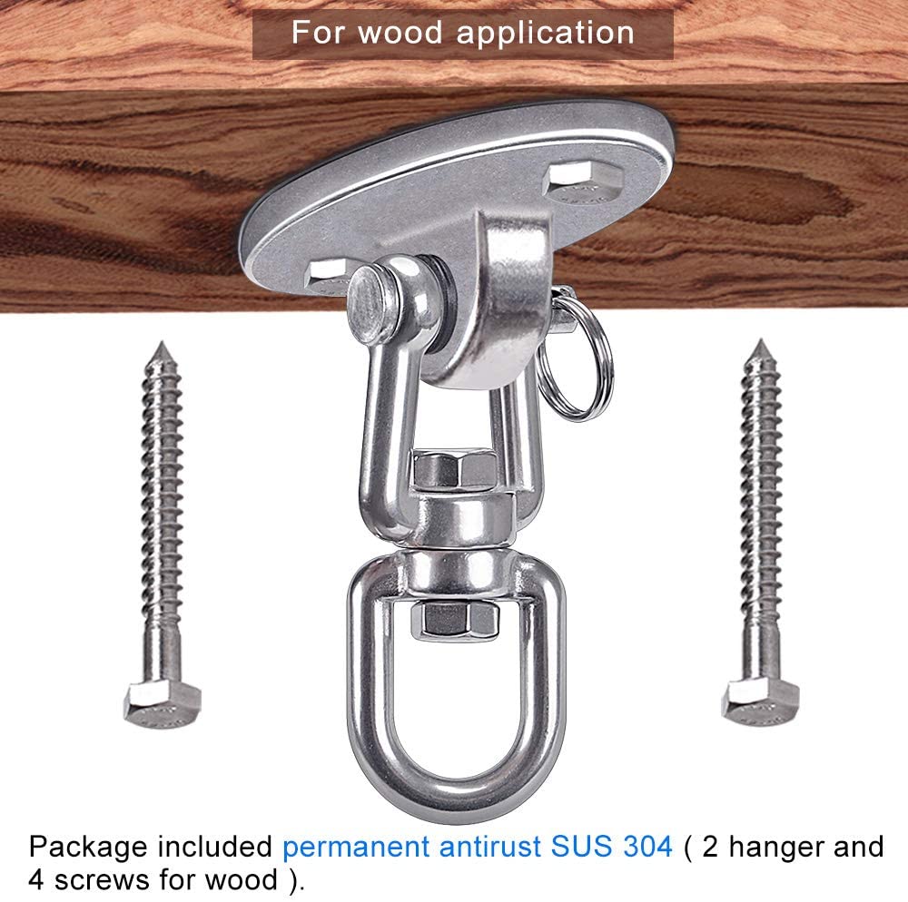 SELEWARE Set of 2 2000 lb Capacity Permanent Antirust SUS304 Silent 360° Swivel Swing Hangers Heavy Duty Swing Hooks with 4 Screw for Concrete Wooden Hanging Hardware for Yoga Hammock Chair Gym Swing