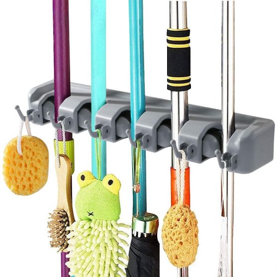 Vicloon Broom Mop Holder Tidy Organizer, Wall Mounted Organizer with 5 Position 6 Hooks for Brush Mop and Broom Tool Storage