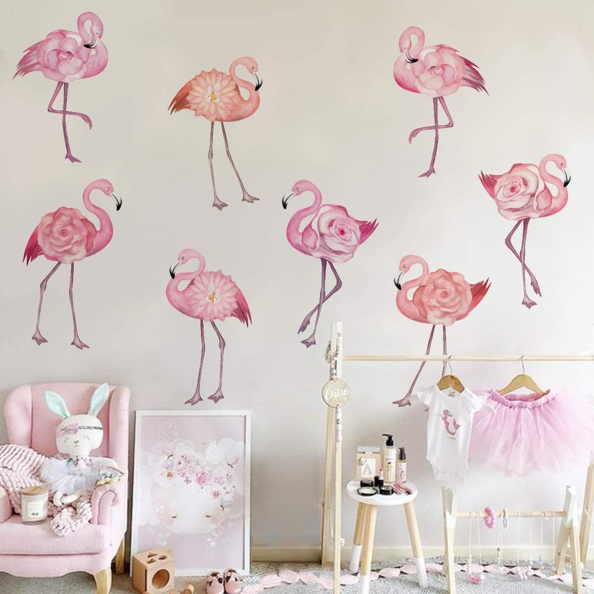 decalmile Pink Flamingo Wall Stickers Rose Flower Flamingo Wall Decals