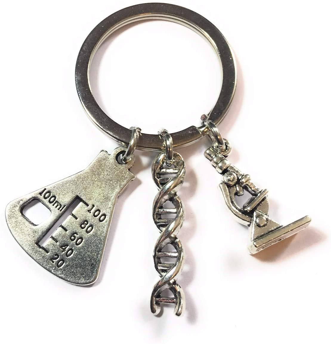 FizzyButton Gifts Science Teacher Scientist Keyring Key Ring with DNA, Microscope and Flask Charms in Gift Bag
