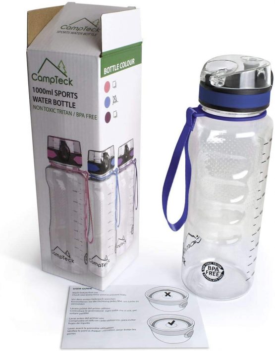 CampTeck 1 litre water bottle (1000ml - 34 fl. oz.) Sports Drinks Bottle BPA Free Tritan - Leak Proof Flip Lock Lid - with Carry Strap - Image 2