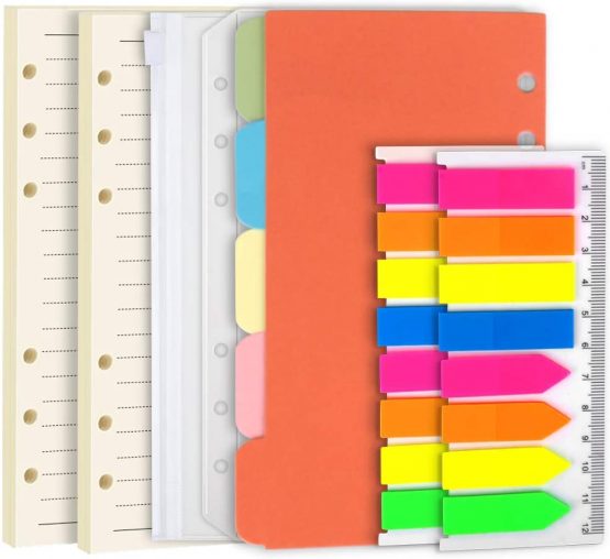 Teenitor 2 Packs Personal Refills Paper + A6 Index Dividers +2 Pcs Binder Envelope Pockets + 320 Pcs Sticky Tabs - A6 Refillable Notebook Lined Paper, Colorful Subject Dividers with PET Index Flags