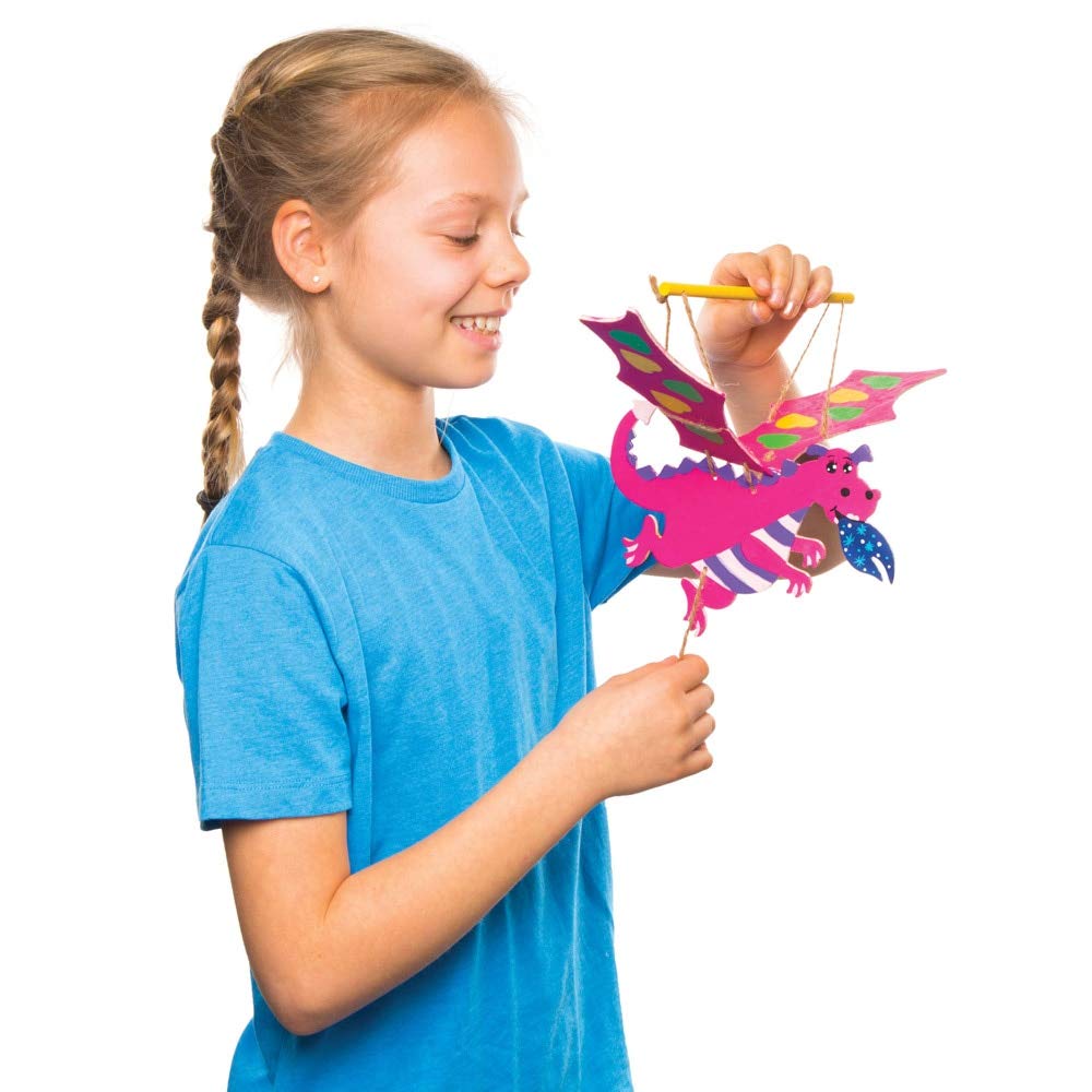 Baker Ross AW568 Dragon Wood Craft Puppets (Pack of 3) Moving Puppet with Movable Wings, Arms & Legs for Kids To Create Assorted - Image 4
