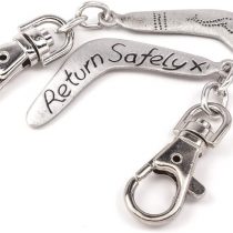 Boomerang Travel Clip on Pewter Bag Charm with a Return Safely Message