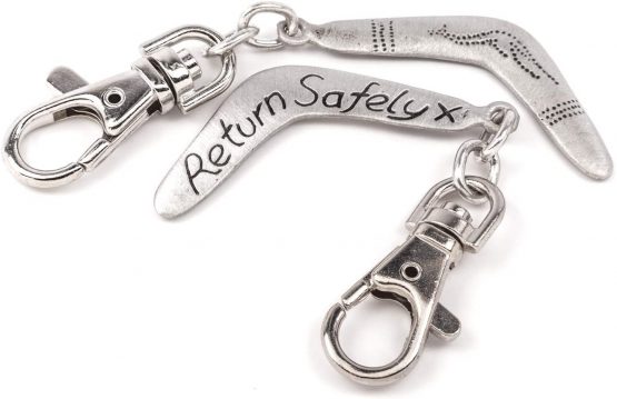 Boomerang Travel Clip on Pewter Bag Charm with a Return Safely Message