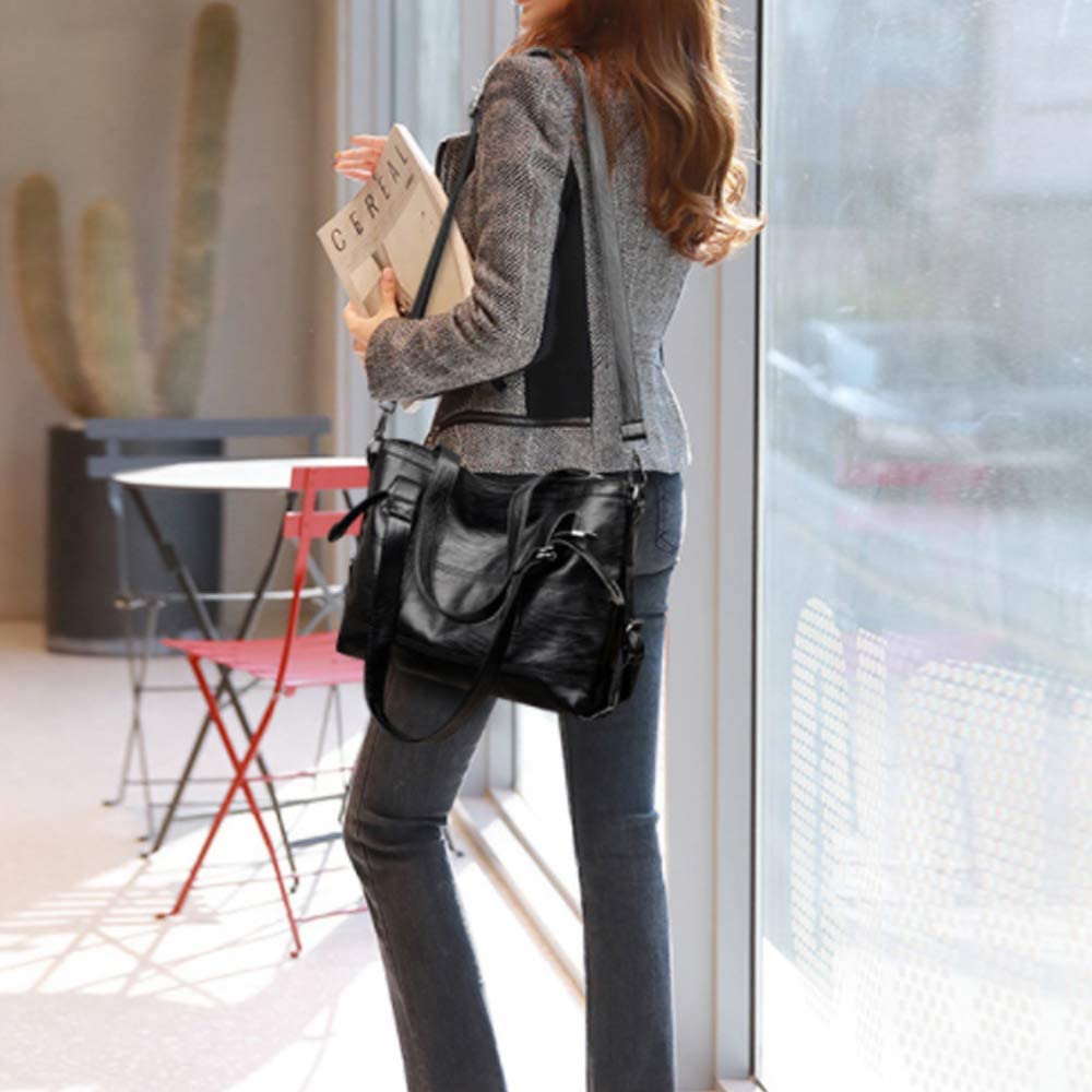 Rullar Fashion PU Leather Splice Satchels Shoulder Bag Top-Handle Bag Handbag Purses Tote for Women Ladies Black - Image 3