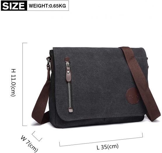 Kono Canvas Messenger Shoulder Bags for Men 13.5 inch Unisex Casual Cross Body Bag Travel Bag for School Travel Work Hiking (Black) - Image 4
