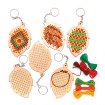 Baker Ross AW843 Leaf Wooden Cross Stitch Keyring Kits, Autumn and Winter Arts and Crafts (Pack of 5)