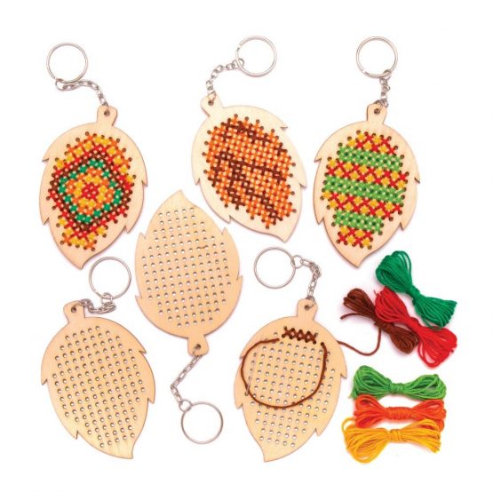 Baker Ross AW843 Leaf Wooden Cross Stitch Keyring Kits, Autumn and Winter Arts and Crafts (Pack of 5)