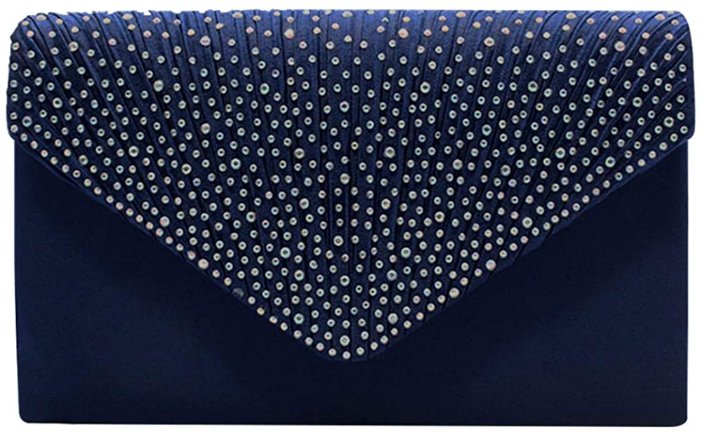 SteelFever Women Diamante Envelope Clutch Bag Evening Handbag Purse Wedding, Bridal, Prom, Party Shoulder Bag (Navy)