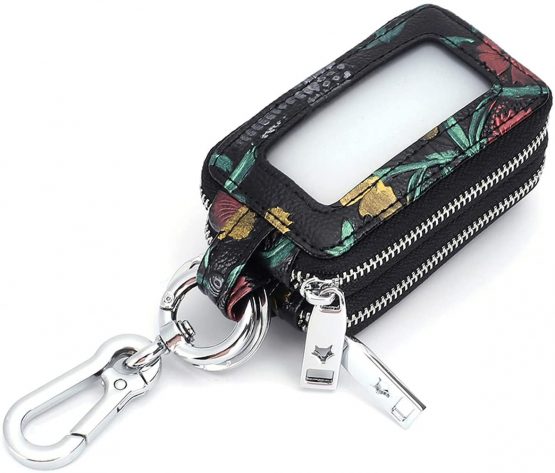 Key Case Holder Aileder Genuine Leather Car Keyring Key Pouch Hand Painted Flowers Keychain Wallet for Women Ladies Double Zipper Keyring Purse (Pattern 3) - Image 2