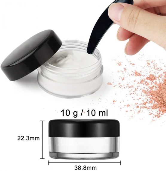 JamHooDirect 20Pcs Empty Cosmetic Pots Round Clear Plastic Sample Containers with Black Screw Cap Lid & 3 Pieces Mini Spatula for Cosmetics, Sample, Lotion, Creams, Make Up, Beads, Charms Storage (10g - Image 2