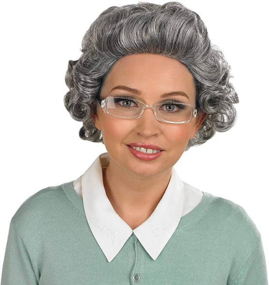 Fun Shack Adults Old Lady Curly Wig Grey Hair Granny Costume Accessory With Glasses - Image 2